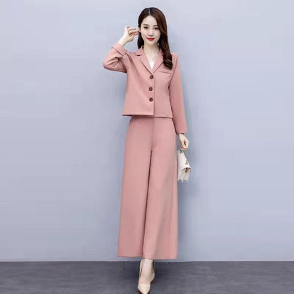 2PCS Women's Loose Wide Leg Pants Suit Spring/Autumn Fashion Casual Western Style Short Two-piece Set Elegant Trend Solid Sets Ladies Solid Color Suit