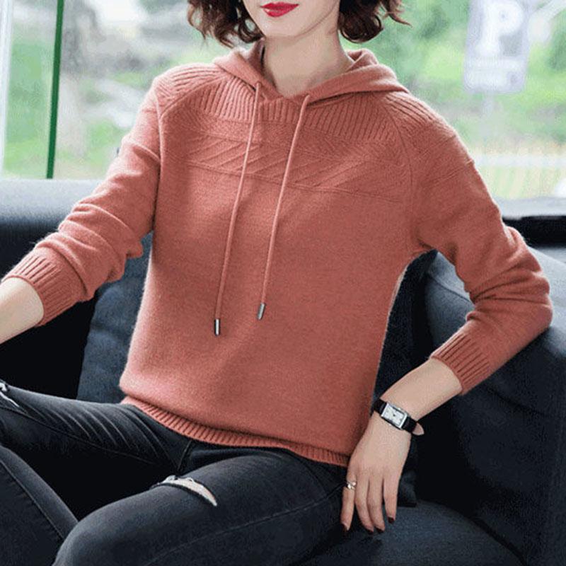 Autumn and Winter Loose Hooded Sweater Knitted Casual Solid Color Sweater Fashion Simple Female Sweater