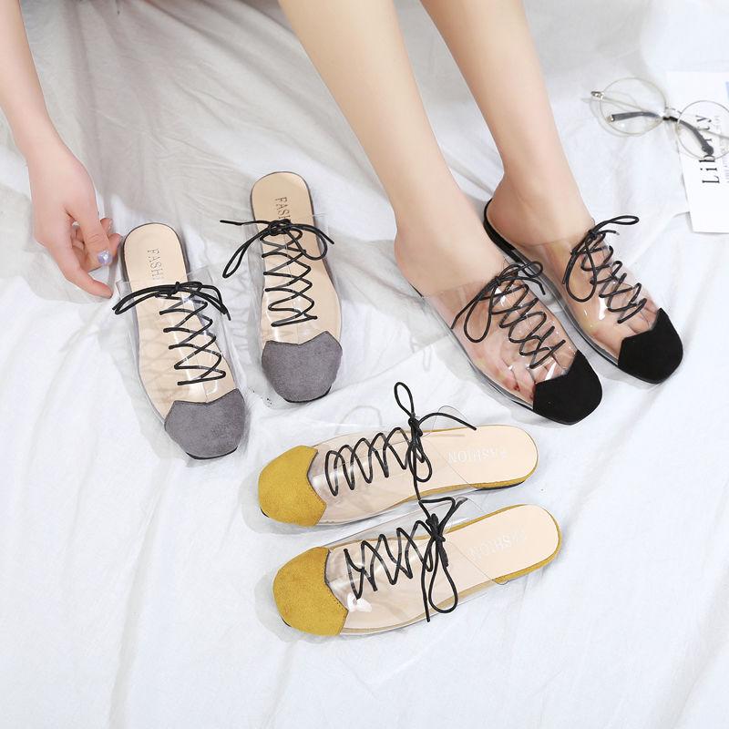 Transparent Half Slippers Women Spring and Summer Square Head Lace Slippers Fashion Flat Slippers Women