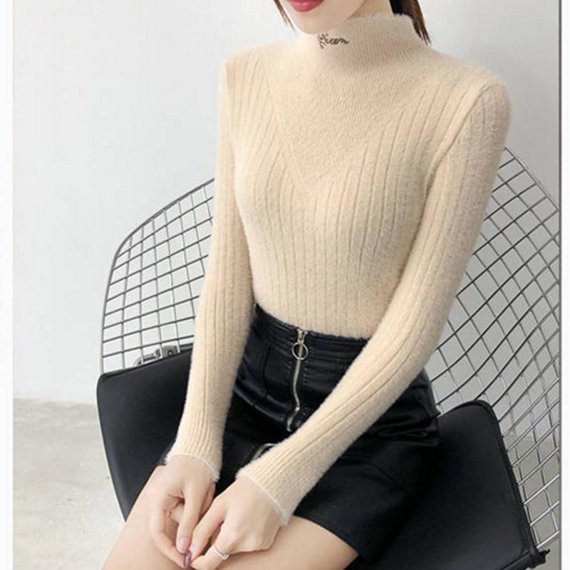 Pofulove Faux Mink Fleece Sweater Short-fitting Winter Jacket Half Turtleneck Bottoming Shirt