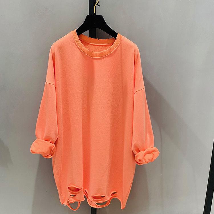 Women's Hem Hole Solid Color Bottoming Shirt Large Size Cotton Autumn Korean Version Loose Long-sleeved T-shirt
