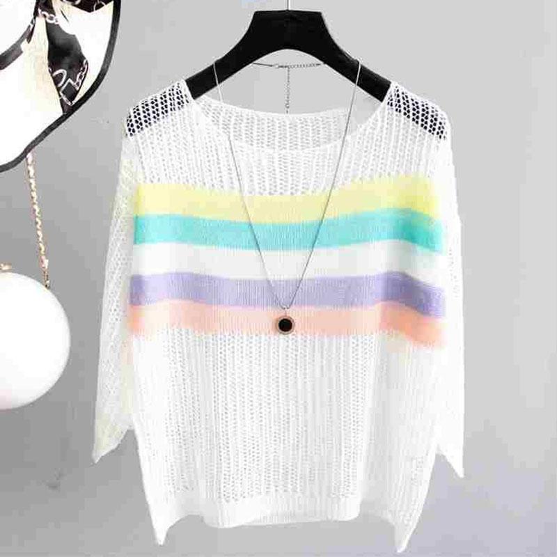 Cutout Knit Sun Blouse Loose Thin Top Women's Contrast Stripe Cutout Hollow Knit Sweater Women's Sexy See-through Dress