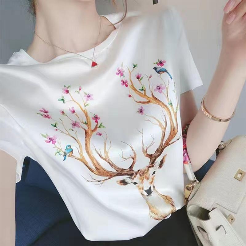 Skin-friendly Silky Imitation Silk Short-sleeved T-shirt Women's Printed Summer Shirt Korean Version Loose and Thin Top