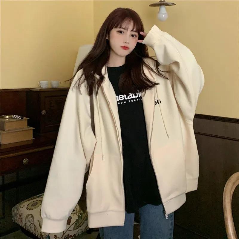 Autumn Sweater Student Cute Hooded Cardigan Sweater Female Ins Plus Velvet Thick Zipper Jacket Long Sleeve Cardigans for Women