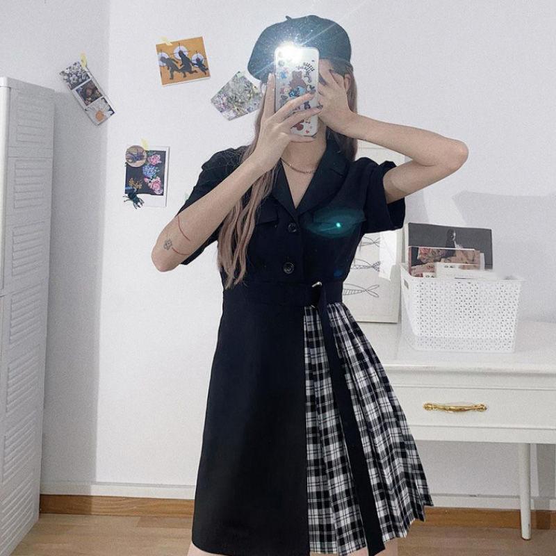 Irregular Plaid Black Dress Women's Cool Girl Summer Dress Short Sleeve Turn-down Collar Knee-length Dating Party Daily Wear