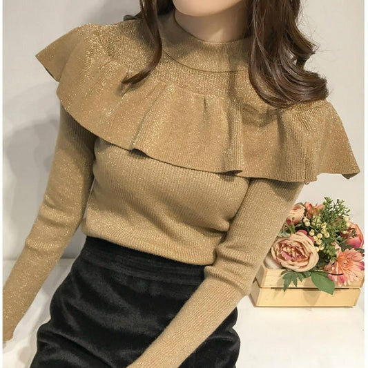 Bright Silk Ruffled Glitter Gold Thread Pullover Long sleeve Knitted Bottoming Sweater