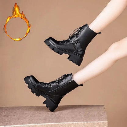 Autumn and Winter Martin Boots Belt Buckle Short Boots British Shoes Snow Boots Plus Velvet Warm Cotton Boots Motorcycle Shoes