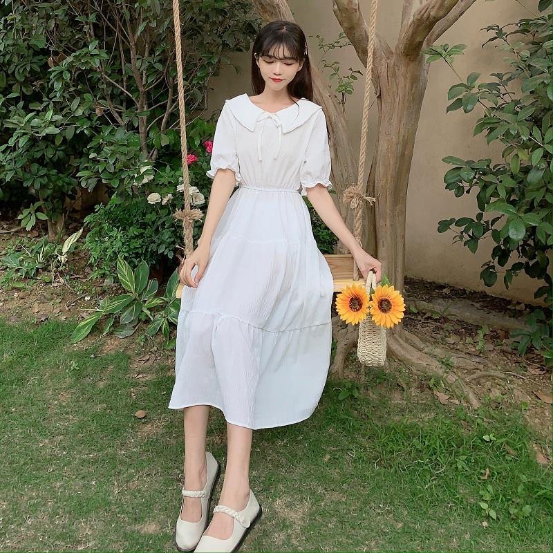 Cute Sweet Well-behaved Girl Solid Color Bow Ruffle Mid-length A-shaped Skirt Age Reduction Looser  Short Sleeve Dress