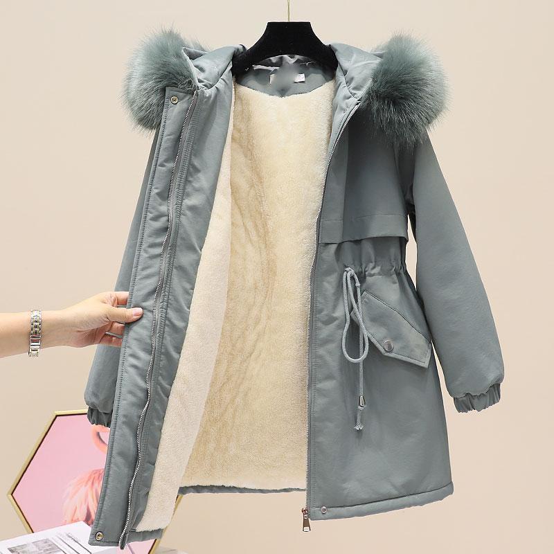 Imitation Hair Parker Overcoming Women's Mid-length Plus Velvet Thick Hooded Waist Waist Tooling Cotton-padded Jacket