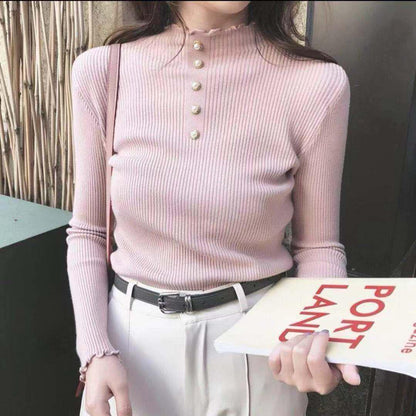 Pofulove Women's Beaded Bottoming Shirtfungus Half Turtleneck Sweater  Pullover Sweater Women's Slim
