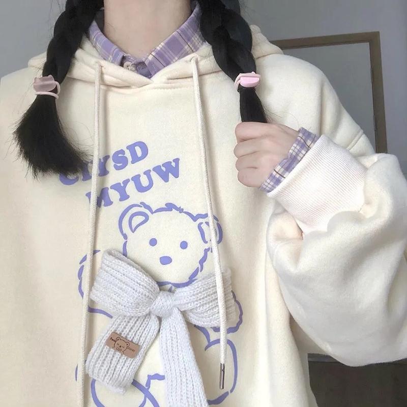 Winter Hoodies Women Hooded Tops Thick Fleece Pullovers White Fashion Bear Printed Fall Women Oversized Loose Knitted Bow Harajuku Sweatshirts