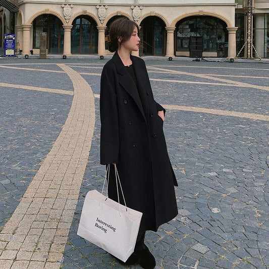 Autumn Winter Single-breasted Woolen Coat Vintage Female Long Korean Fashion Long Jackets Casual Street Lady Outwears