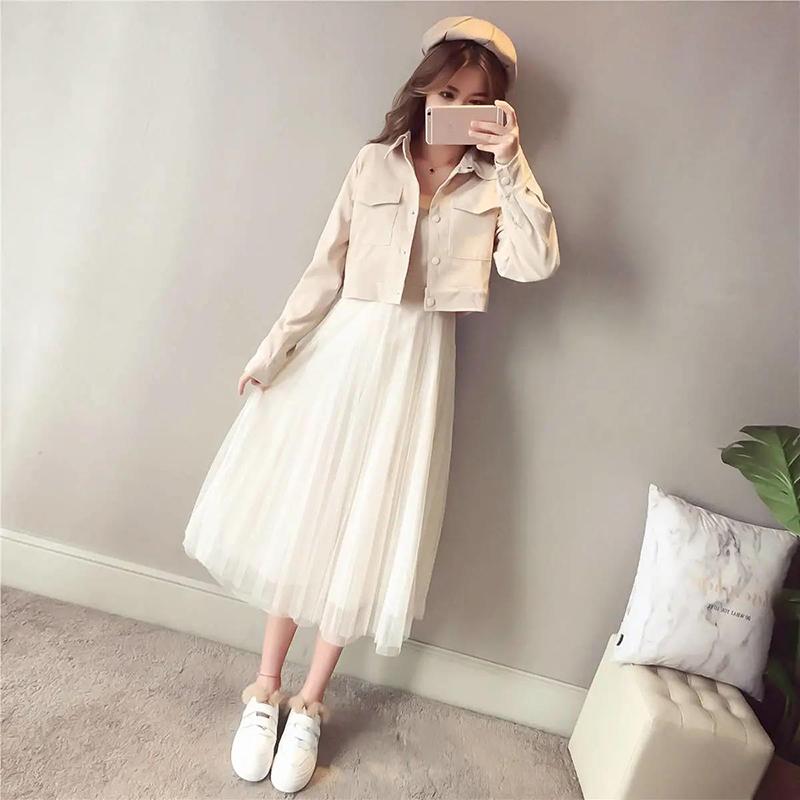 Ladies Skirt Short Jacket + Mid-length Mesh Skirt Dress Long Skirt Two-piece Dress Ladies Mesh Dress Long Sleeve Jacket Two-piece Dress