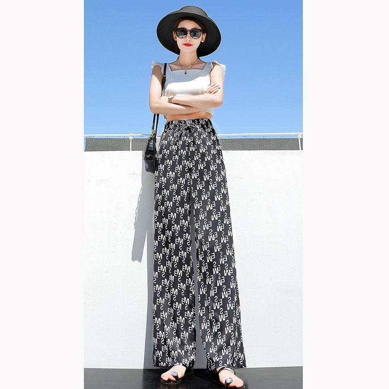 Geometric Print Chiffon Pants Spring and Summer Women's Wide Leg Trousers Vertical High-waisted Pants Women's Loose Mopping Pants