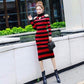 European and American Autumn  Winter Sexy Soff-shoulder Turtleneck Sweater Dress Long Slim Striped Knitted Dress Bottoming Pencil Dress