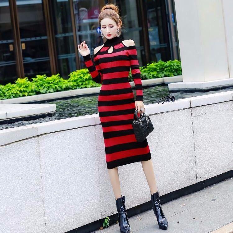 European and American Autumn  Winter Sexy Soff-shoulder Turtleneck Sweater Dress Long Slim Striped Knitted Dress Bottoming Pencil Dress