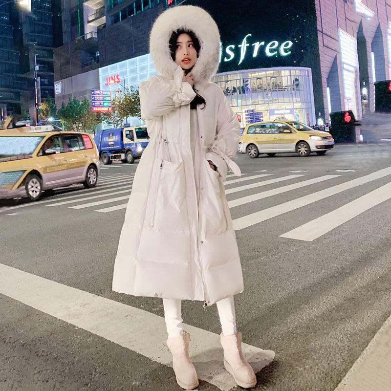 Fashionable Temperament Hooded Fur Collar Women's Down Jacket Autumn and Winter Plus Velvet Thickening Warm Loose Casual White Duck Down Down Jacket