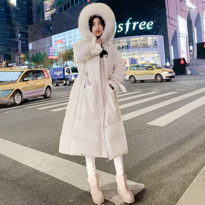 Fashionable Temperament Hooded Fur Collar Women's Down Jacket Autumn and Winter Plus Velvet Thickening Warm Loose Casual White Duck Down Down Jacket