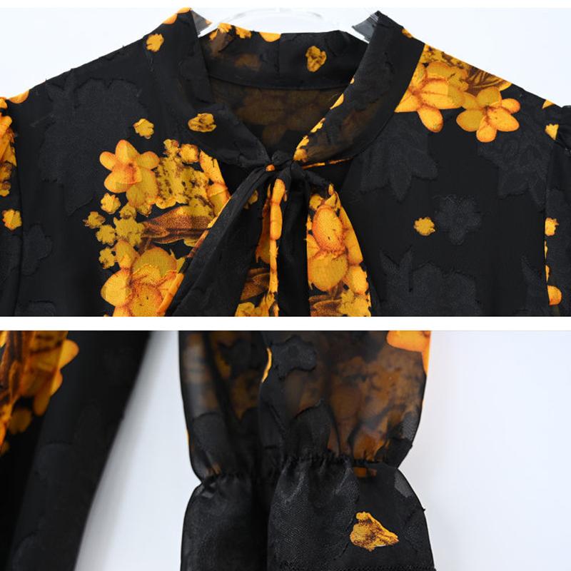 Chiffon Jacquard Long-sleeved Dress Spring and Autumn Models Waist Beach Big Swing Bow Long Skirt Women's French Retro Long Skirt Temperament