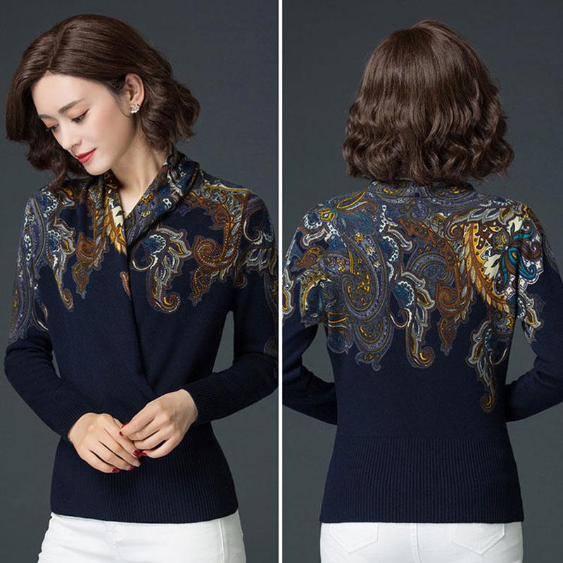 Women's vintage Printed Wool Sweater V-neck Large Size Pure Wool Knitted Sweater Bottoming Shirt Middle-aged Mother Wear