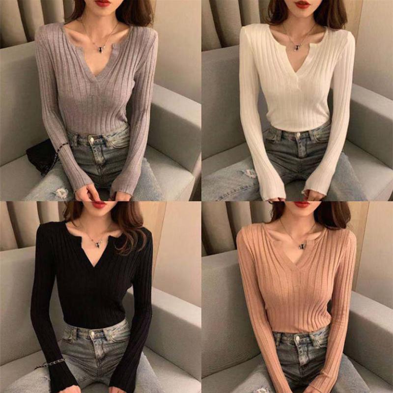 Pofulove Autumn and Winter Solid Color Long-sleeved Shirt V-neck Slim-fit Slim Sweater Women