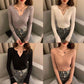 Pofulove solid color long-sleeved shirt V-neck slim-fit slim sweater Women's warm sweaters