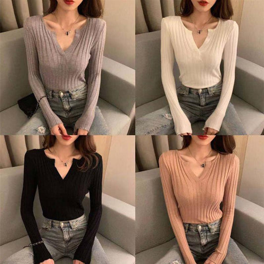 Pofulove solid color long-sleeved shirt V-neck slim-fit slim sweater Women's warm sweaters