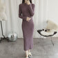 Pofulove Fit Thickened Hip Knit Dress Long Over-The-Knee Sweater Dress Women's Half-High-Neck Slim