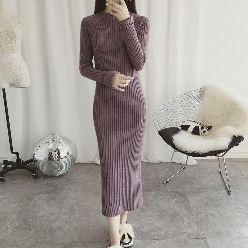Pofulove Fit Thickened Hip Knit Dress Long Over-The-Knee Sweater Dress Women's Half-High-Neck Slim