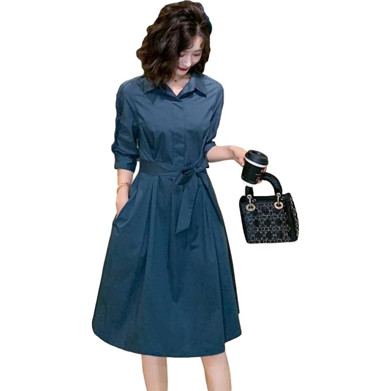 Spring Summer Women's Shirt Dress Mid-length Skirt Ladies Professional Wear All-match Long-sleeved Solid Color Dress