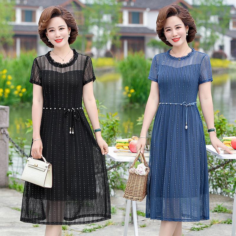 Women's Spring Summer Short-sleeved Dress Mesh Gauze Waist Thin Fake Two-piece Middle Skirt Pure Color Ladies Banquet Dress