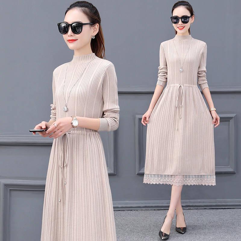 Women Solid Color Sweater Dress Long Section Turtleneck Lace Knitted Skirt Pullover