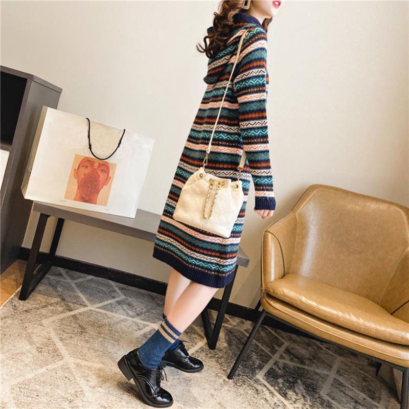 Autumn Winter Boho Sweater for Women Mid-length Vintage Ethnic Striped Sweater Dress Women Loose Long-sleeve Hooded Pullover Knitted Sweater Coat