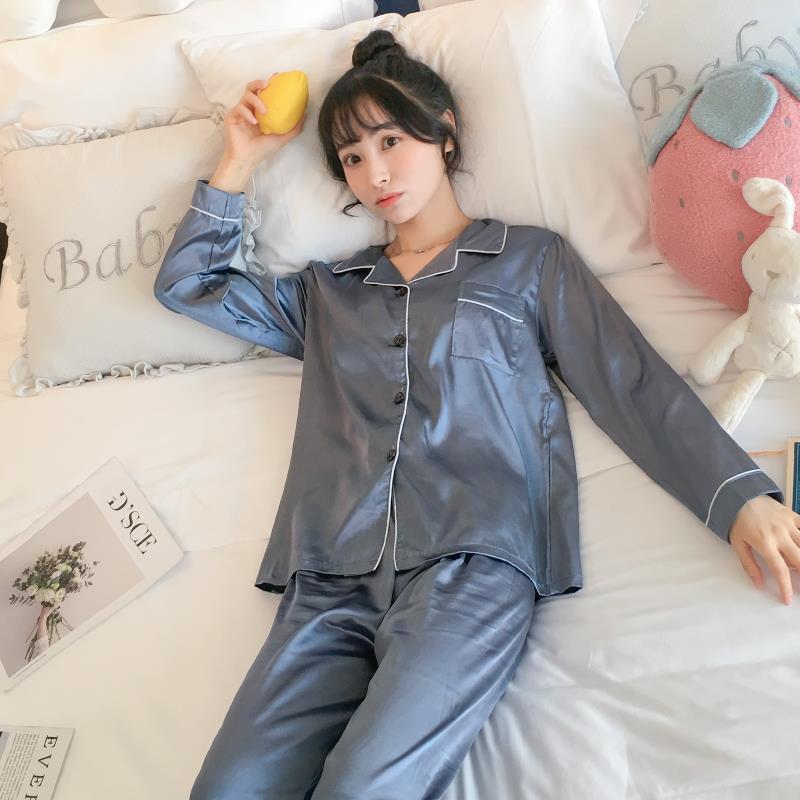 Can Be Worn Outside Home Service Pajamas Women's Long-sleeved Two-piece Suit Imitation Silk Cute Home Service Suit Ice Silk Fabric Soft and Silky