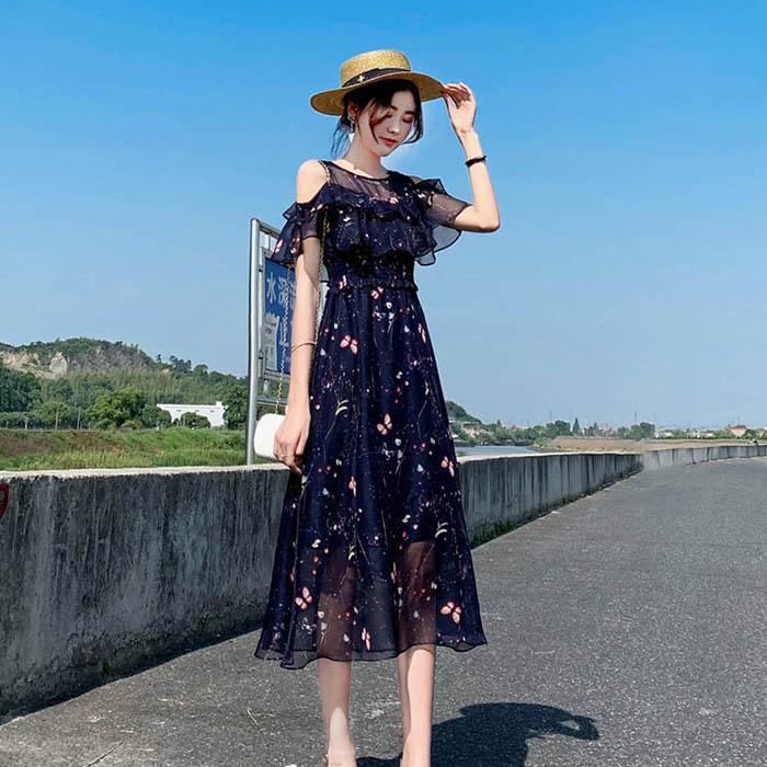 Pofulove XS-2XL Women O-neck Off Shoulder Print Chiffon Dress Slim Short-sleeved Long A-line Dress