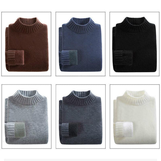 Autumn and Winter Half Turtleneck Sweater Men's Slim Plus Velvet Thick Pullover Sweater