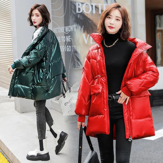 Down Cotton Jacket Winter Loose Korean Color Shiny Face-free Collar Mid-length Cotton Jacket Women