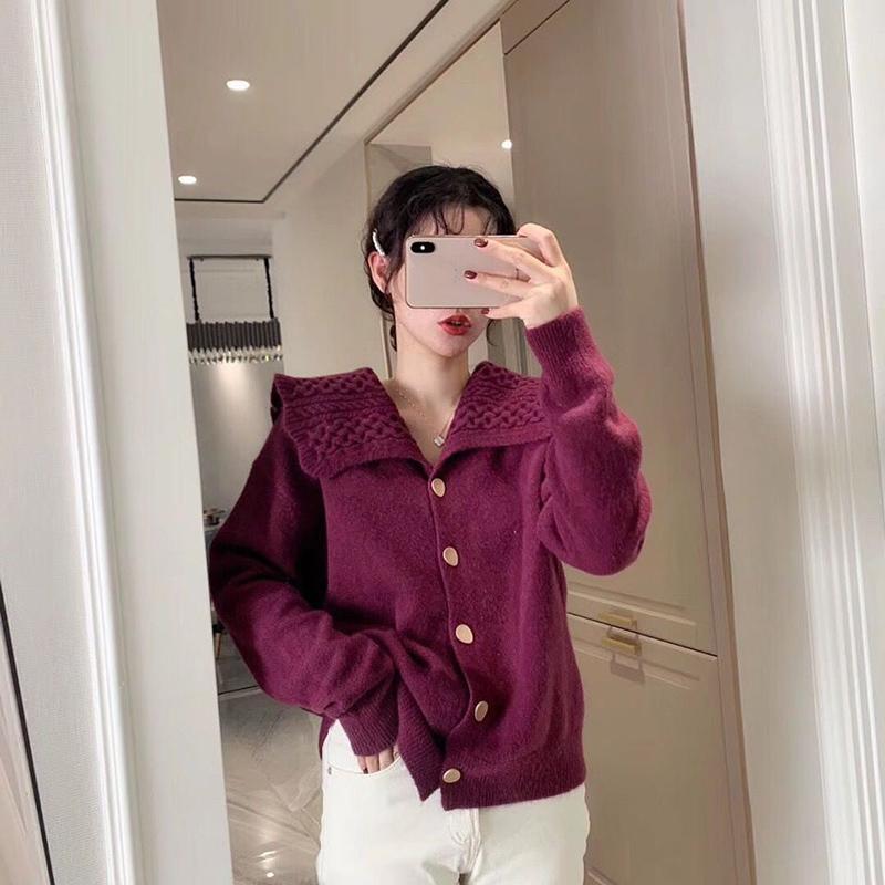 Navy Collar Sweater Coat Women Fall Winter Loose   College Style Knitted Cardigan Long Sleeve Casual Sweater