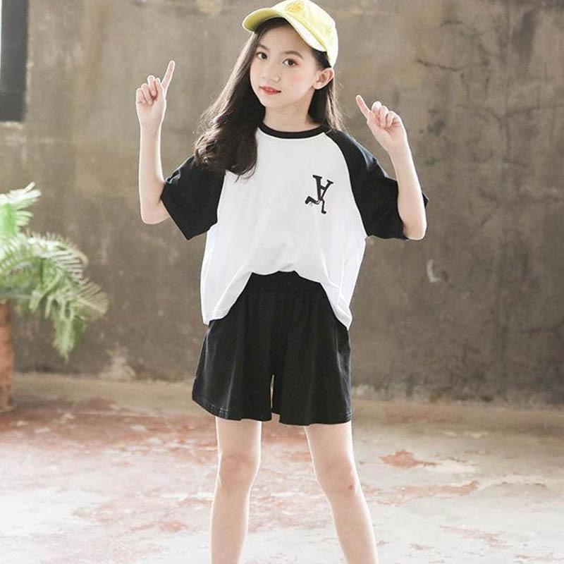 Girls Summer Suits Contrast Color Fashion Children's Clothing Loose and Comfortable Breathable Casual Short-sleeved + Shorts Two-piece Set