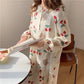 Women's Autumn Winter Pajamas Dress Long Cute Doll Collar Strawberry Printing Sweet Long Sleeve Nightdress Loose Comfortable Homewear