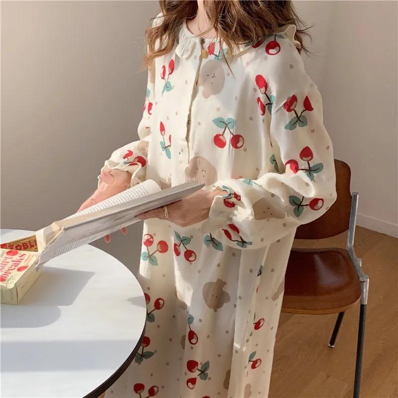 Women's Autumn Winter Pajamas Dress Long Cute Doll Collar Strawberry Printing Sweet Long Sleeve Nightdress Loose Comfortable Homewear