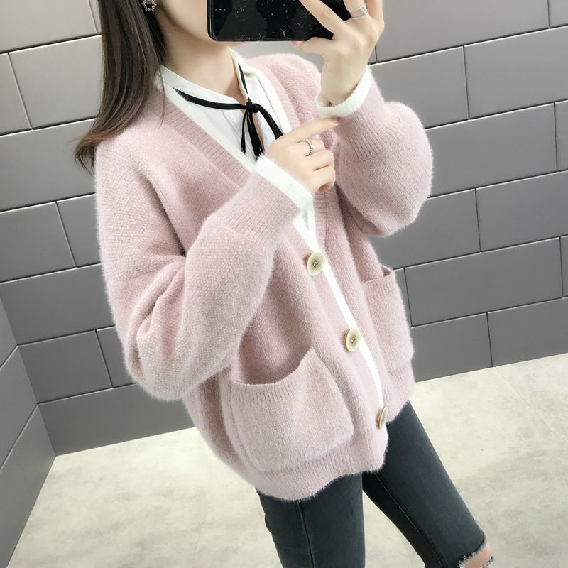 Autumn and Winter Mohair Loose Sweater Casual Knitted Cardigan Jacket Simple Thread Female Jacket
