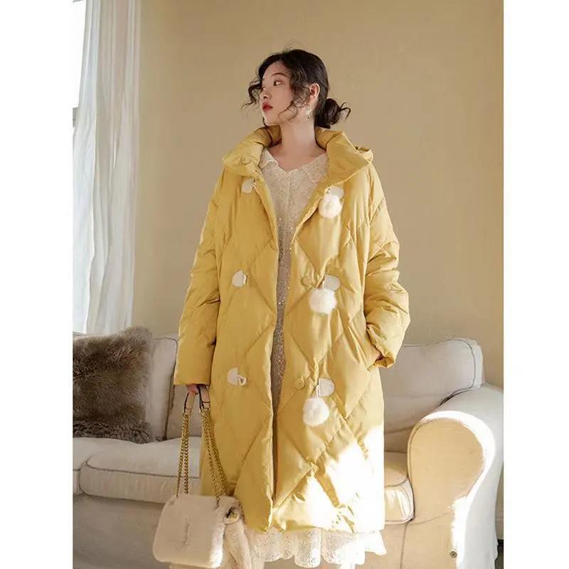 Duck Down Retro Diamond Lattice Horn Buckle Real Hair Ball Cute Down Jacket Mid-length Hooded Loose Warm Jacket Women