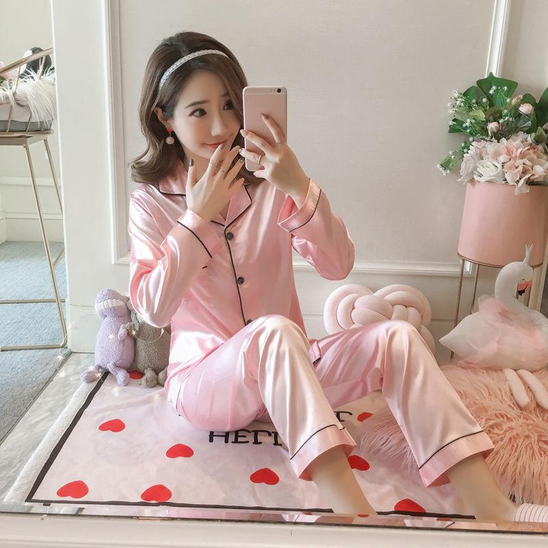 Can Be Worn Outside Home Service Pajamas Women's Long-sleeved Two-piece Suit Imitation Silk Cute Home Service Suit Ice Silk Fabric Soft and Silky