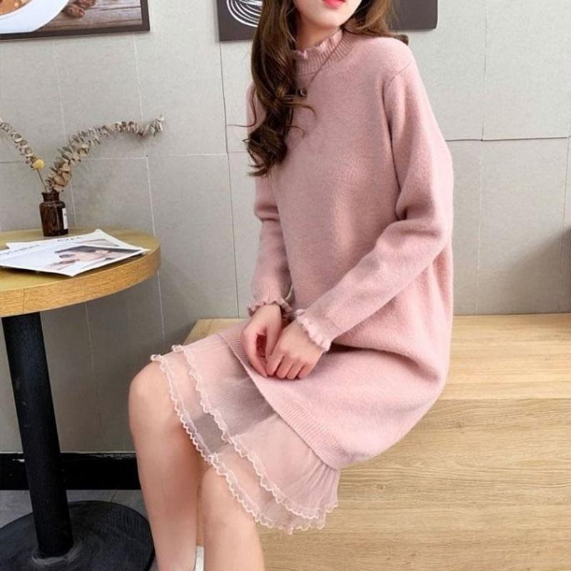 Autumn and Winter Long Lace Sweater Dress Casual Loose Knit Bottoming Shirt Pure Color Simple Female Sweater Dress