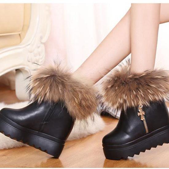 Women's Snow Boots Leather Wedges Non-slip Boots High Heel Women's Ankle Boots with Detachable Fur