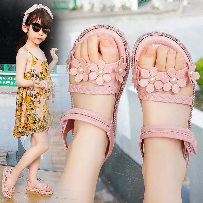 Sandals Girls Kids Sandals Princess Sweet Flower Children Summer Beach ShoesBrand New Soft Sweet Floral with Pearl