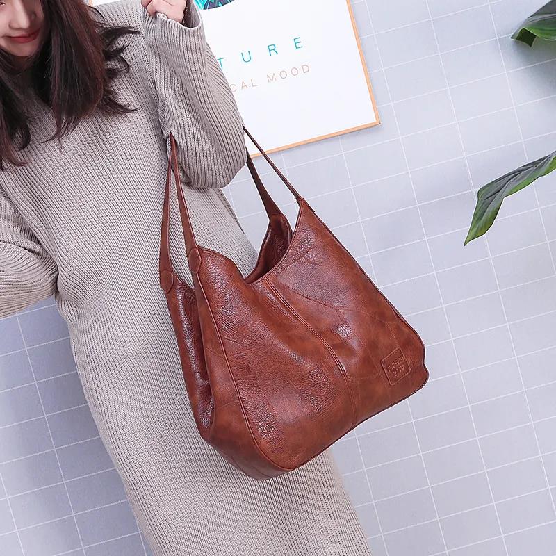 Vintage PU Leather Soft Leather All-match Tote Bag Simple One-shoulder Handbag Multi-layer Casual Lady Messenger Bag