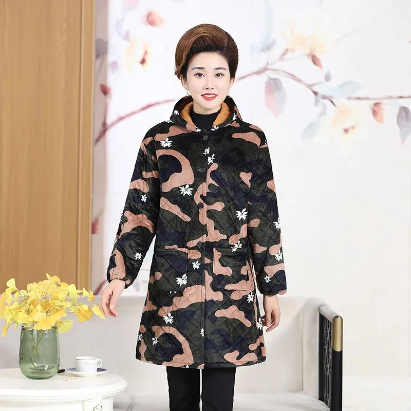Winter Padded Jacket Chinese Style Printed Hooded Down Jacket Plus Velvet Padded Mid-length Padded Coat