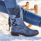 Women's Winter Warm Calf Boots Casual Snow Boots Leather and Sweater Bandage Boots Cowgirl Boots